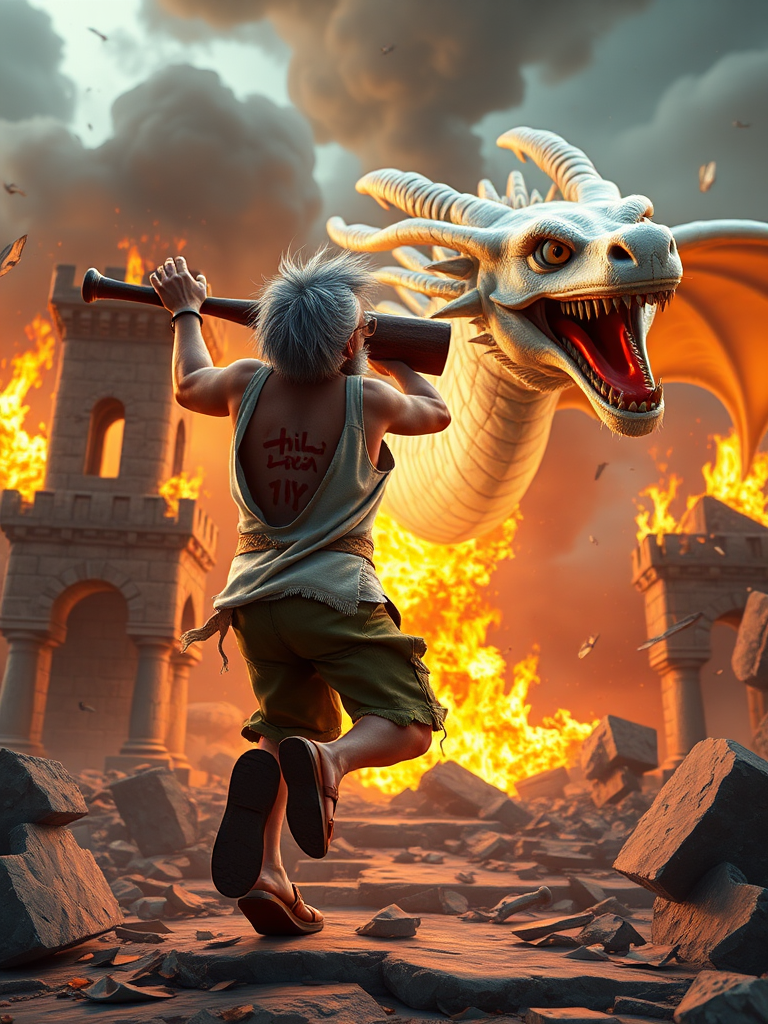 Cartoon 3D High-Resolution,dynamic battle scene using Unreal Engine 5 and Octane Render. The scene features back of an elderly, thai man with a beard,messy hair and round golden-rimmed glasses. He is wearing a tattered tank top with soot marks, shorts, and sandals. sweating. he wields a baseball bat. He jump to fight with a white fire-breathing Europe dragon amidst a partially destroyed stone castle. Include intense flames, smoke, and debris to enhance the dramatic effect.