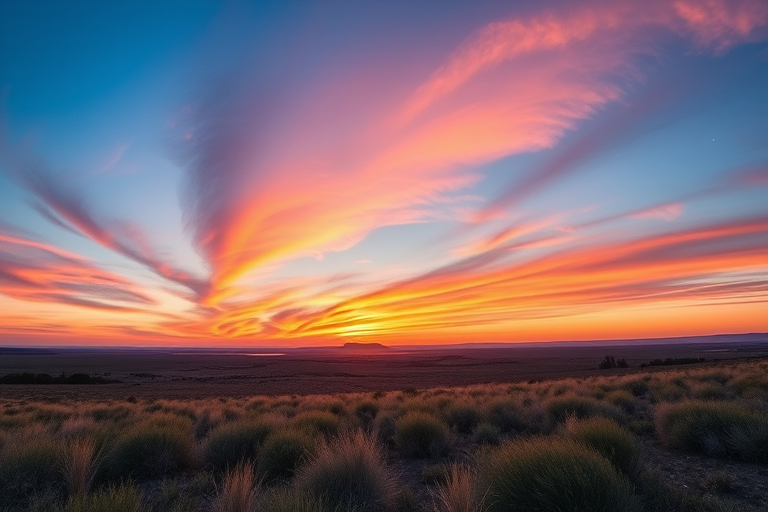 Create a high-resolution image of a serene landscape at sunrise with vibrant colors in the sky, using a Canon EOS R5 camera, 24mm lens, aperture f/11, shutter speed 1/125s, ISO 100, in a wide-angle view to capture the expansive scenery.