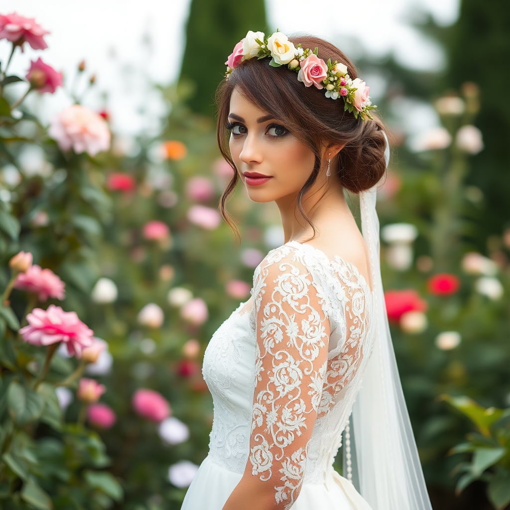 Garden scene, bridal model, delicate lace gown, floral headpiece, soft romantic focus, high-key lighting and an 85mm lens for soft, even tones that highlight the model’s face and bright outfit against a white or light background