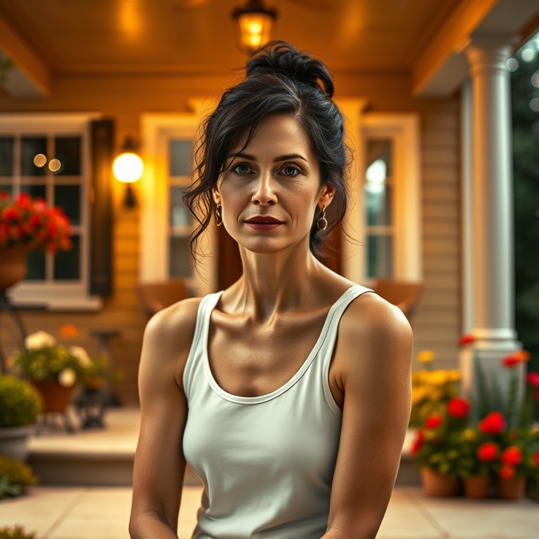 A photo of Tilda Swinton with a background of a cozy porch. She has dark hair pulled back in an updo, with tendrils framing her face. She wears a white tank top and sits on the porch. The porch is part of a well-lit home with a warm, earthy tone and colorful flowers and foliage. The overall scene has a warm, welcoming, and comfortable ambiance.