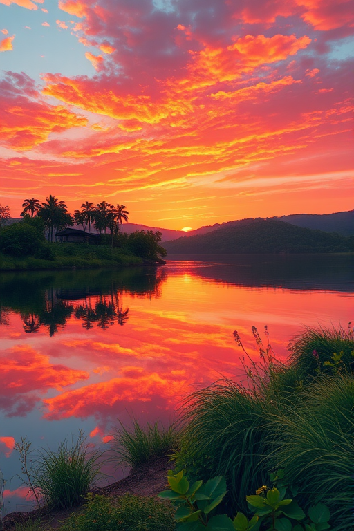 Creating a highly detailed digital illustration of a serene landscape at sunset, featuring a calm lake reflecting the vibrant hues of orange and pink skies, with lush greenery on the shores, captured with a Canon EOS R6, 24mm lens, aperture f/8, ISO 100, with a wide-angle view for depth and richness in color.