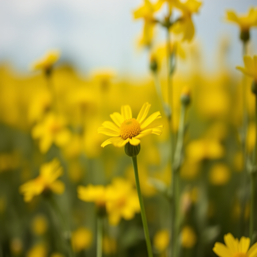 macro photograph of a single yellow flower in a field of blooming canola flowers, shallow depth of field, aperture f/2.8, ISO 100, 50mm lens, soft natural lighting, DSLR camera