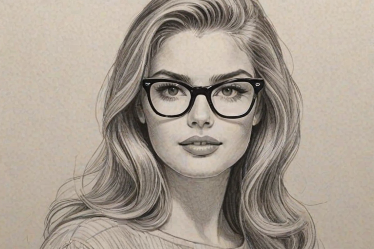 Magnificent Brighton Sharbino, pencil sketch, portrait of Gorgeous woman 1958s in glasses, hair style beatnik, outline, clear lines, fine lines, 8k