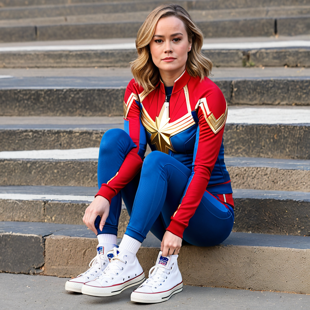 mcu-brie-larson-carol-danvers-sitting-in-her-red-blue-captain-marvel