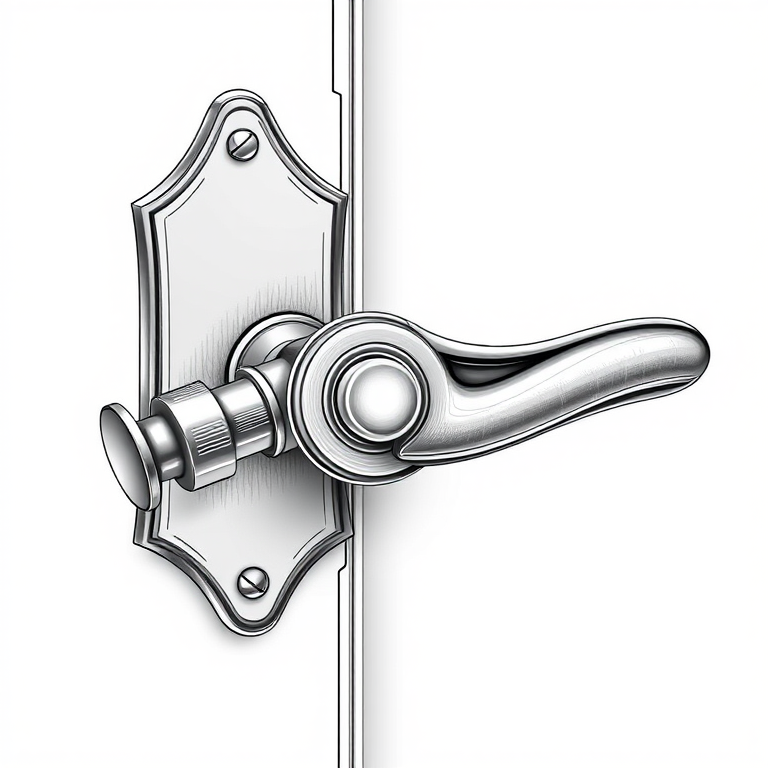 Create a detailed vector illustration of a door handle and lock mechanism isolated on a plain background, using a high-resolution camera setting of 24 MP, aperture f/8, ISO 100, with a top-down view and a macro photography style to capture intricate details of the design.