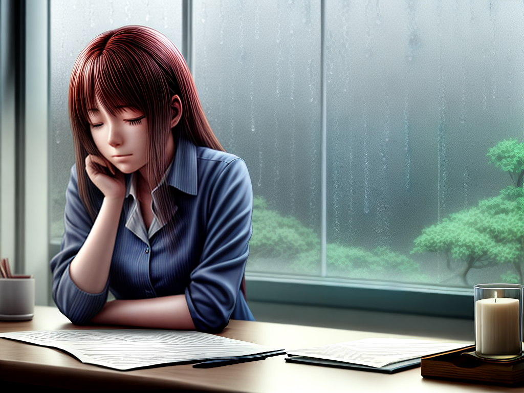 realistic anime image of a woman at her desk resting her head on the ...