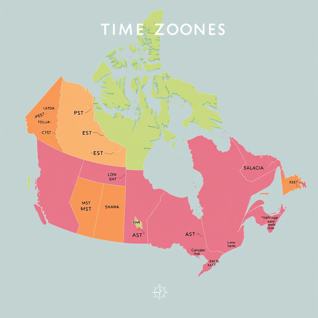 Create a high-resolution map illustration of Canadian time zones, showcasing PST, MST, CST, EST, and AST with clear labels, a vibrant color palette, and detailed geographic features, using a DSLR camera with a 24mm lens, aperture f/8, ISO 100, and a top-down view for a detailed cartographic style.
