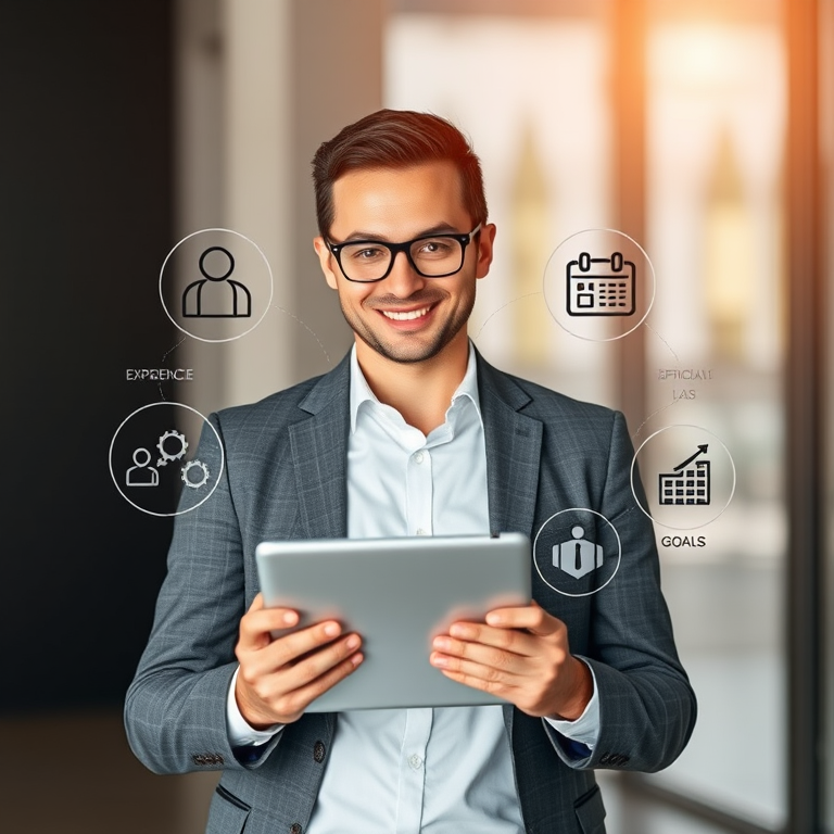 Create a high-resolution image of a business consultant holding a tablet, surrounded by icons representing knowledge, support, experience, success, efficiency, and goals, captured with a Canon EOS R5 at f/2.8, ISO 200, 1/60s, in a well-lit studio with a soft-focus background.
