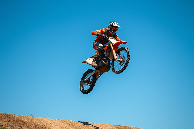 Capture a motocross rider performing a mid-air trick against a clear blue sky, shot with a DSLR camera at f/4, ISO 200, shutter speed 1/1000 sec, using a wide-angle lens from a low-angle view to emphasize height and action.