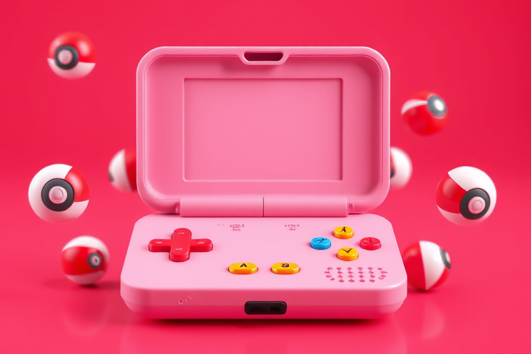 Create a 3D render of an open pink electronic device resembling a game console with colorful buttons and floating red and white pokeballs around it, shot with a professional DSLR camera at f/2.8 aperture, ISO 100, 50mm focal length, and a wide-angle view to enhance depth of field and image quality.