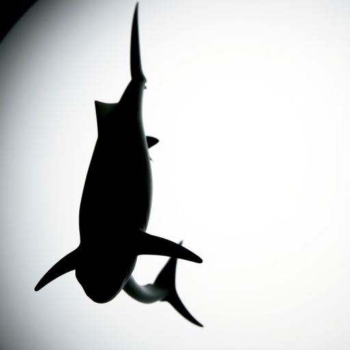 Create a high-resolution silhouette of a shark swimming from left to right against a white background using a DSLR camera with a 50mm lens, aperture set to f/2.8, ISO 200, and a shallow depth of field for a clean look, with side lighting to enhance the contours of the shark.