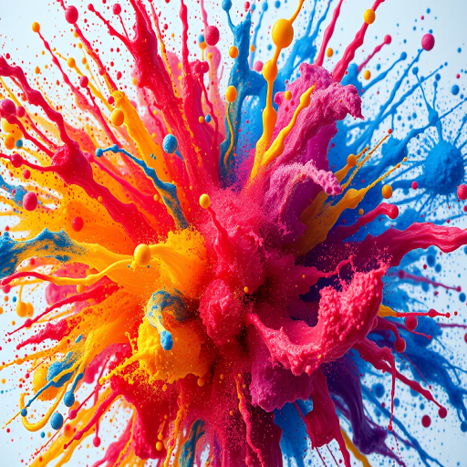 Create a vibrant abstract explosion of colors with dynamic splashes and swirling patterns, captured with a Canon EOS R5, 24-70mm f/2.8 lens, ISO 100, f/8 aperture, shot from a slightly elevated angle in natural light to enhance depth and texture.