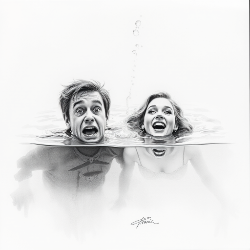 A hyperdetailed photorealistic black and white pencil sketch recreating the iconic scene at the end of Titanic with Jack and Rose floating in the water, only show them making exaggerated funny faces at the camera. Show Rose spitting water at the camera.