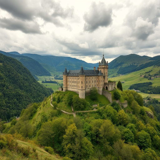 regenerate a watercolor landscape of a historic castle nestled in lush green hills under a cloudy sky, camera settings f/8 aperture, ISO 200, shutter speed 1/250 sec, camera view wide angle, camera style artistic, camera type digital SLR