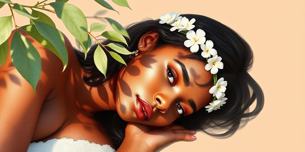 create a watercolor painting of an ethereal portrait of beautiful Igbo woman with a simple white flower crown on her head. Her hair is long and she is lying on the ground. The sunlight on the trees casts shadows from the leaves on her face and body. The background is a neutral brown color that matches her skin tone. The image is minimalist and solid colors. This style is characterized by soft, delicate brushstrokes and a light, airy, contrasting color palette. High level of detail and play of light