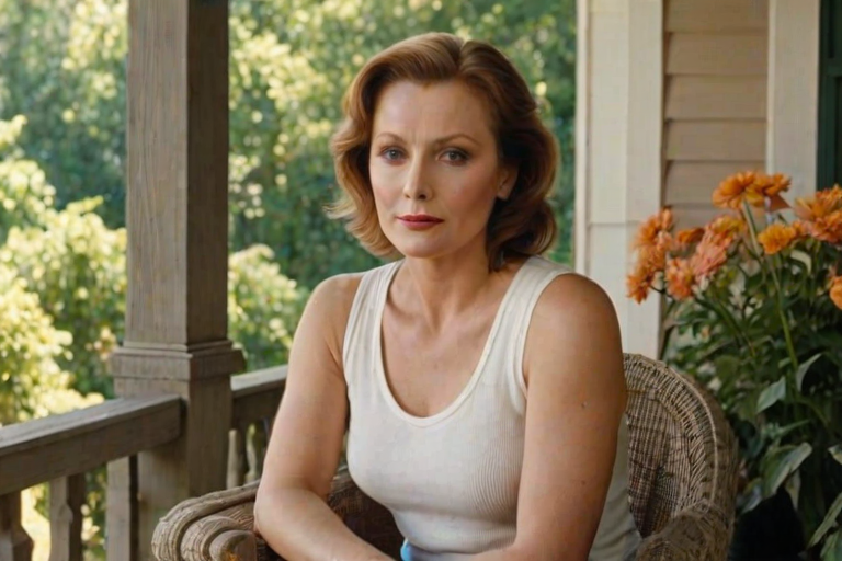 A photo of Greta Garbo with a background of a cozy porch. She has dark hair pulled back in an updo, with tendrils framing her face. She wears a white tank top and sits on the porch. The porch is part of a well-lit home with a warm, earthy tone and colorful flowers and foliage. The overall scene has a warm, welcoming, and comfortable ambiance.