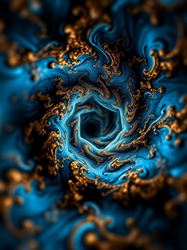 Create a high-resolution fractal image depicting a swirling black hole with intricate blue and gold patterns, shot with a DSLR camera at f/8 aperture, ISO 100, 50mm lens, in macro view with a soft focus background for enhanced depth.
