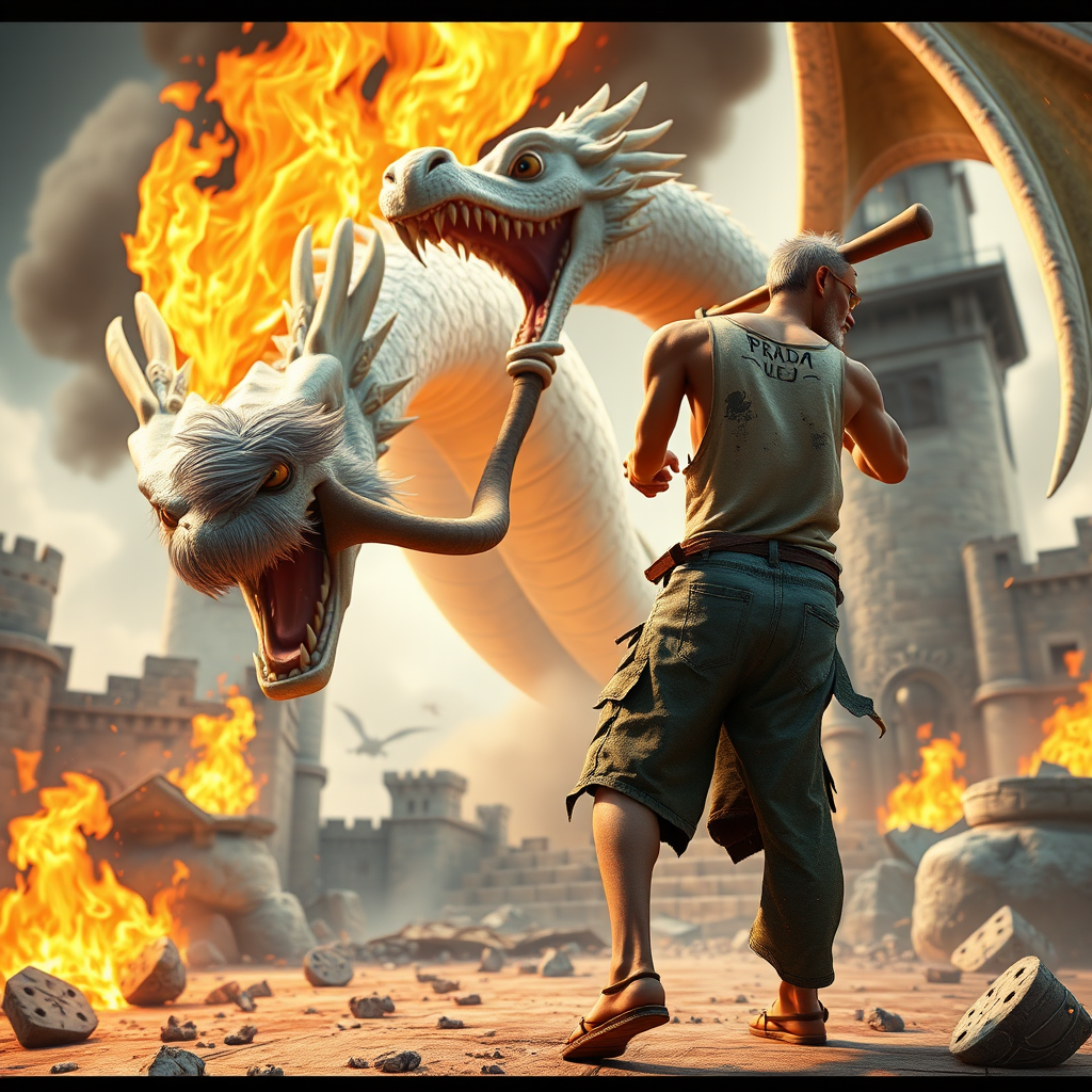 Cartoon 3D High-Resolution,dynamic battle scene using Unreal Engine 5 and Octane Render. The scene features back of an elderly, thai man with a beard,messy hair and round golden-rimmed glasses. He is wearing a tattered tank top with soot marks, shorts, and sandals. sweating. he wields a baseball bat. He jump to fight with a white fire-breathing Europe dragon amidst a partially destroyed stone castle. Include intense flames, smoke, and debris to enhance the dramatic effect.