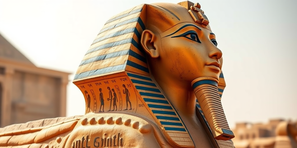 Create an image of an ancient Egyptian sphinx with detailed hieroglyphics and vibrant colors, captured using a DSLR camera with a 50mm lens, f/2.8 aperture, ISO 100, in a soft natural light setting, showcasing a close-up perspective with a shallow depth of field.