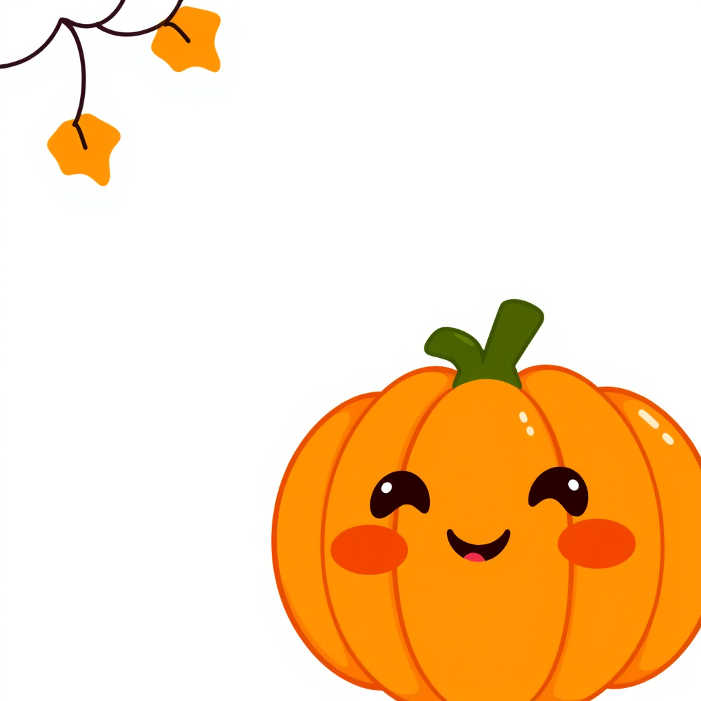 Create a kawaii-style pumpkin with a cheerful, happy face and rosy cheeks. The pumpkin should be vibrant orange with a shiny texture. Design it to be cute and playful, ideal for a light-hearted Halloween or autumn theme, with a simple and whimsical expression.