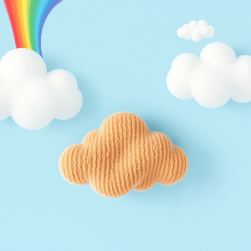 Create a colorful and playful illustration featuring a light blue background with soft clouds, a vibrant rainbow arching across the frame, and a textured, tan cloud shape in the center, captured with a Canon EOS R5 at f/4, ISO 100, 50mm lens, natural light.