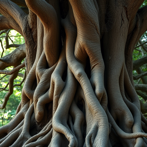 Generate an image of a gnarled tree with intricate roots and a spider web in the background, using a DSLR camera with a 50mm lens, aperture f/2.8, ISO 100, shot from a low angle to emphasize the tree's height and intricacy, in soft natural light to enhance the textures and details.