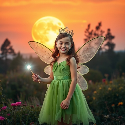 A vivid photo  taken under a bright camera flash of a fantastical scene set against a backdrop of a forest during sunset. The main subject is a girl dressed as a fairy, adorned with translucent wings and a green dress, holding a wand, her face is happy, and she wears a crown on her head. The forest behind her is a blend of flowers, shrubs and trees. The sky is painted in hues of orange and pink, with a large, glowing moon casting a warm glow over the scene. The overall color palette is dominated by earthy tones.