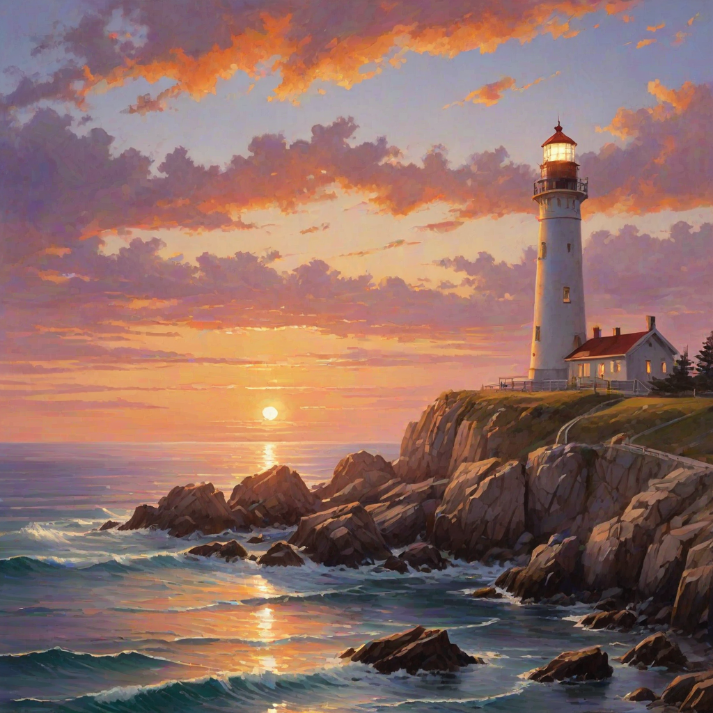 Generate an image of a tall lighthouse perched on a rocky outcrop surrounded by calm ocean waters during a breathtaking sunset. The lighthouse stands sturdy and weathered, its stone surface illuminated by the warm golden light of the setting sun. The sun's rays pass directly through the glass lantern room at the top of the lighthouse, casting a brilliant light across the scene. The sky is painted with vibrant shades of orange, pink, and purple, reflecting off the tranquil sea. The surrounding water shimmers with the same warm hues, creating a serene and majestic atmosphere.
