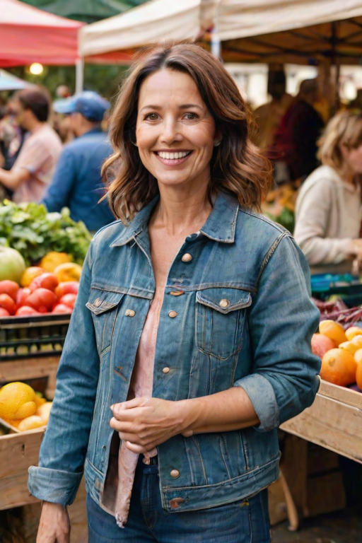 Warmly lit photo of a woman in her 40s, casually dressed in a denim jacket, standing in a bustling farmers' market, surrounded by vibrant produce and cheerful vendors.