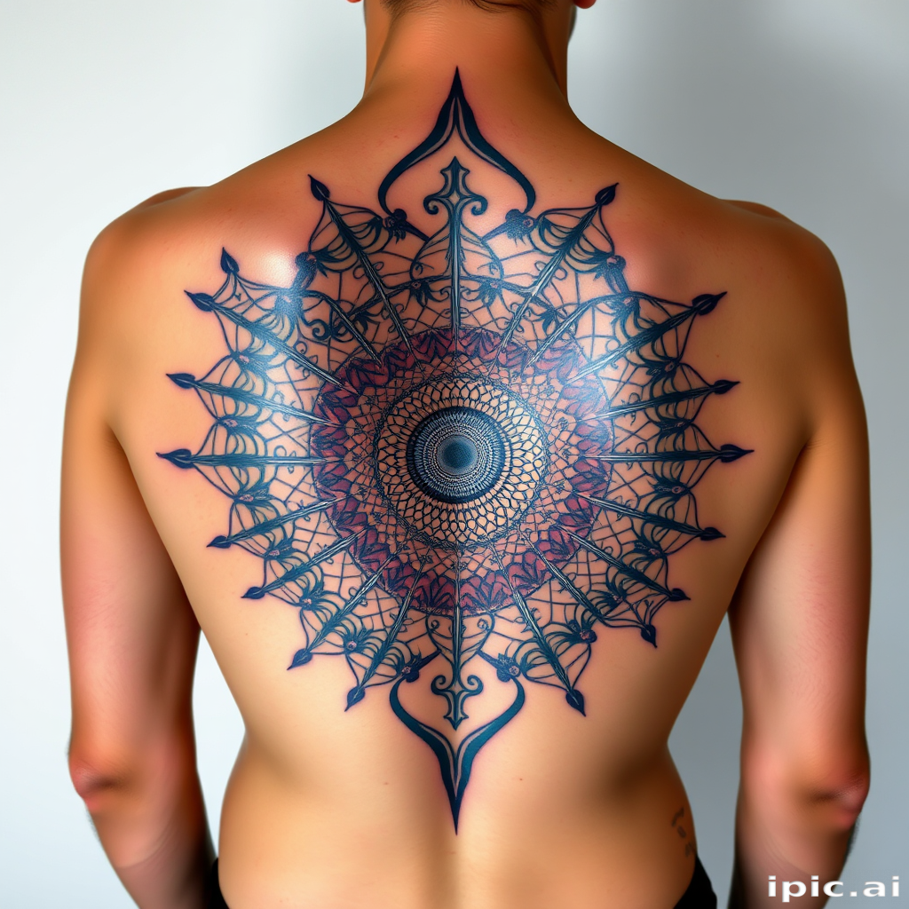 Captivating body tattoo of a spiraling fractal pattern expanding from the center of the back, rendered in holographic ink that shifts colors with movement