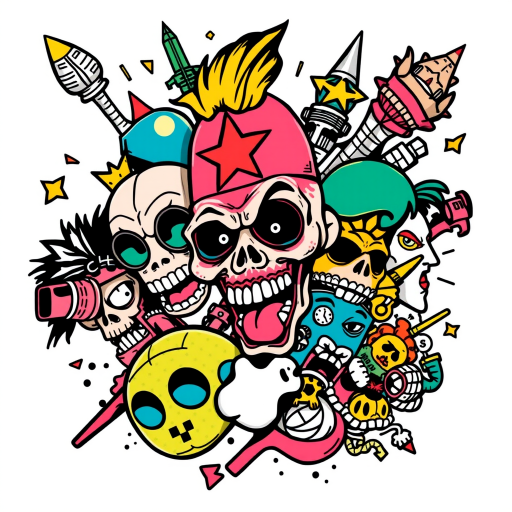 New school tattoo called "Pop Culture Mashup" combining exaggerated cartoon-like characters bold outlines and vivid colors with elements from various pop culture references in a playful and visually exciting composition