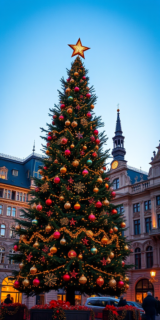 Create an image of a beautifully decorated Christmas tree in a vibrant city square. The tree should be adorned with colorful ornaments and twinkling lights. Surrounding the tree, there are elegant historic buildings with intricate architecture, illuminated by warm golden lights. The sky is a soft blue, indicating twilight, adding to the festive atmosphere.