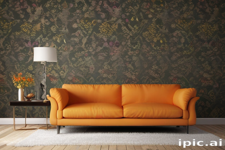 Cozy Living Room with Orange Sofa Against a Floral Patterned Wall