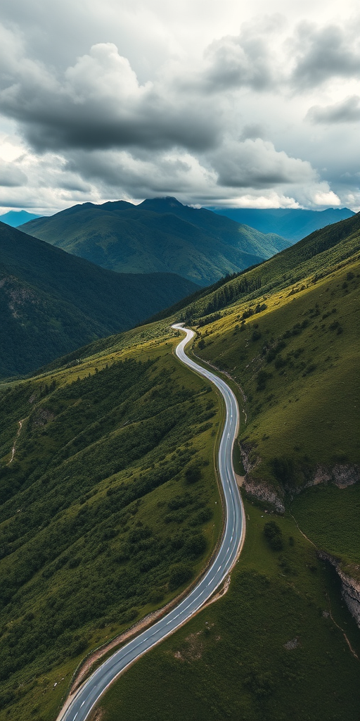 Create a high-resolution aerial photograph of a winding road through a lush green mountainous landscape under a dramatic cloudy sky, captured with a DSLR camera set to 24mm focal length, f/8 aperture, ISO 100, and a shutter speed of 1/250 seconds.