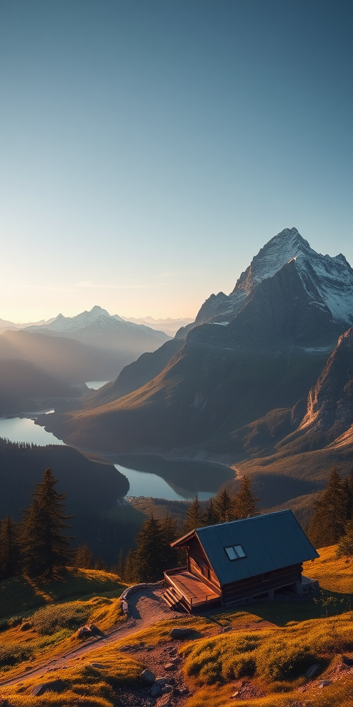 An idyllic mountain landscape with a quaint cabin and lush greenery, surrounded by towering snow-capped peaks and a serene lake, captured with a Canon EOS R5, 24mm lens, f/11, ISO 100, shot from a high vantage point at sunrise for enhanced clarity and detail.