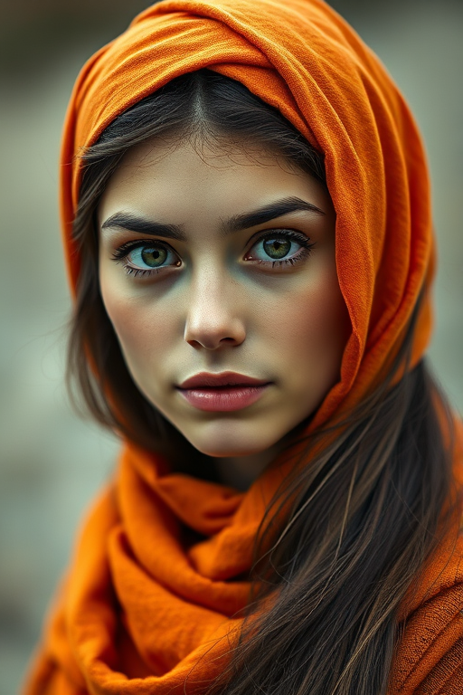 Create a portrait of a young Caucasian woman with long, dark hair and captivating hazel eyes. She is wearing a orange headscarf and a matching scarf draped gracefully around her neck. The background is softly blurred, focusing attention on her serene and natural expression. The overall color palette is muted and warm, enhancing the intimate and authentic feel of the portrait.
