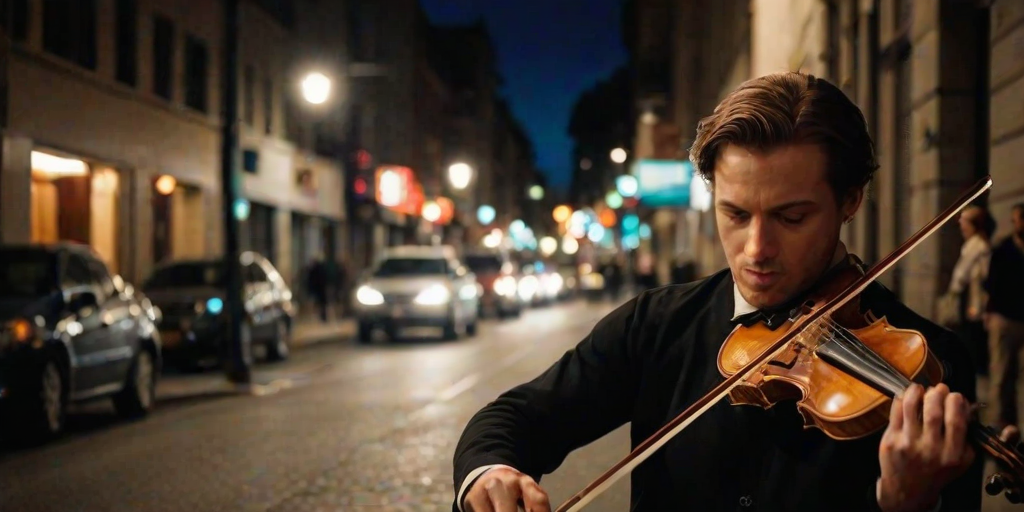 Sharp, high-contrast photo of a violinist performing on a street corner, intense focus on their face, soft glow from streetlights illuminating the scene, distant pedestrians walking by, and the sound of music filling the night air.