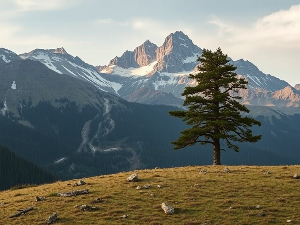 regenerate the image of a mountain landscape with a lone tree in the foreground, use a Canon EOS R5 camera, set aperture to f/8, shutter speed 1/250s, ISO 100, capture in landscape orientation with a wide-angle lens to enhance depth and clarity