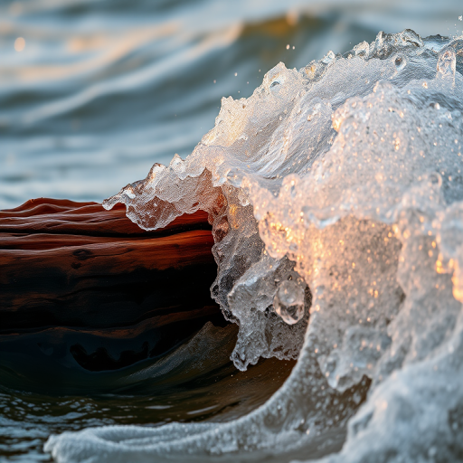 water wave crashing over a log with vibrant orange and yellow hues, taken with a Canon EOS 5D Mark IV, 50mm lens, f/8 aperture, ISO 100, 1/500 sec, low angle view, natural lighting, sharp focus, high dynamic range