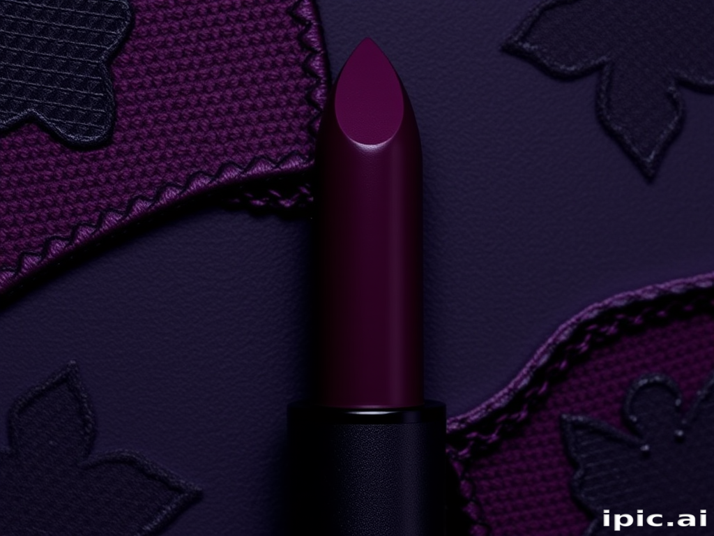 Mysterious deep plum matte lipstick in "Midnight Velvet" style, accentuated by intricate lace-like patterns etched into the surface, creating an alluring and sophisticated look