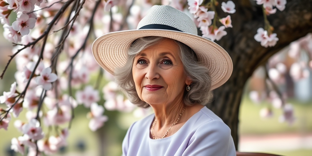 Portrait of an elegant older woman with gray hair, wearing a wide-brimmed hat and a light purple dress, seated by a tree adorned with flowers, with soft natural lighting, shallow depth of field, 85mm lens, f/2.8 aperture, ISO 100, high-resolution digital camera.