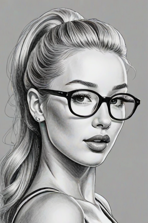 Ravishing Iggy Azalea, pencil sketch, portrait of Enticing woman 1951s in glasses, hair style beatnik, outline, clear lines, fine lines, 8k