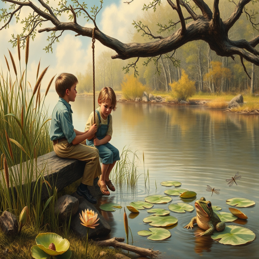 Imagine a small group of old fashioned young boys out fishing by the creek, a swing hanging from a tree branch, reeds and grasses by the water's edge, a frog sitting on a lily pad, dragonflies hovering over som water plans, a very iconic old fashioned scene reminiscent of a Norman Rockwell painting style