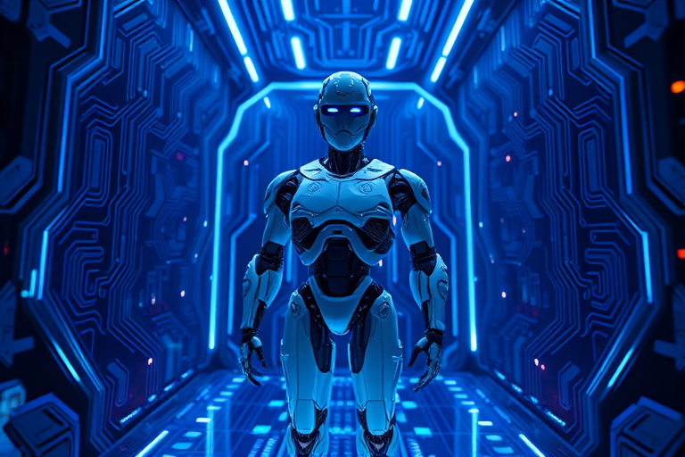 Generate a futuristic image of a humanoid robot standing within a glowing blue circuit board environment, using a Canon EOS R5 with a 24-70mm f/2.8 lens, aperture set to f/4, ISO 100, and a shutter speed of 1/125 sec, captured from an eye-level perspective with a wide-angle view for enhanced depth.