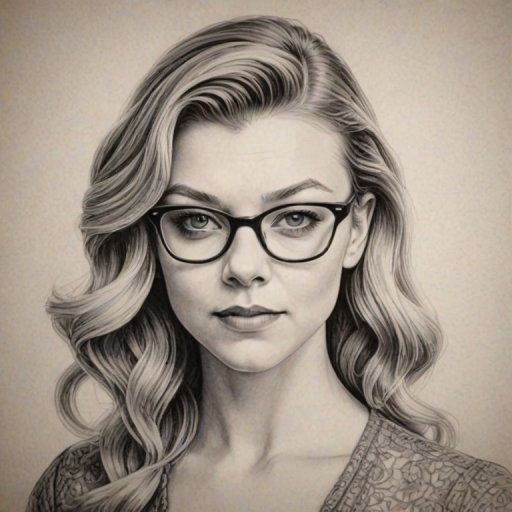 Captivating Natalie Dormer, pencil sketch, portrait of Superb woman 1948s in glasses, hair style beatnik, outline, clear lines, fine lines, 8k