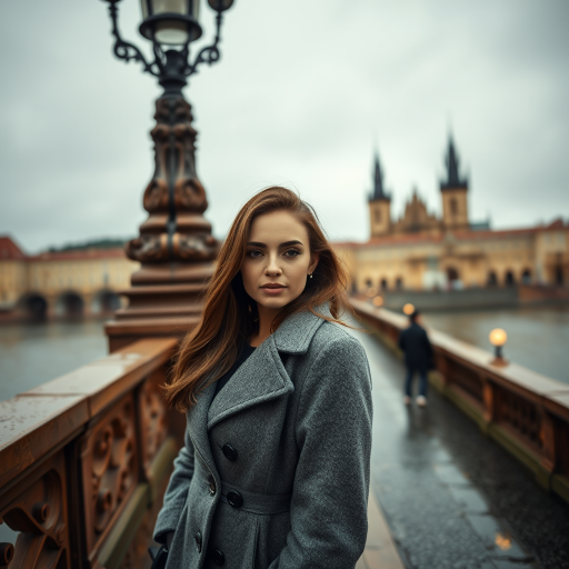 cinematic photo from above, waist up shot, sharp focus, a beautiful woman in foreground, in Prague, at the Charles Bridge, river in background, overcast rainy day, wearing long grey wool coat, warm rich color palette