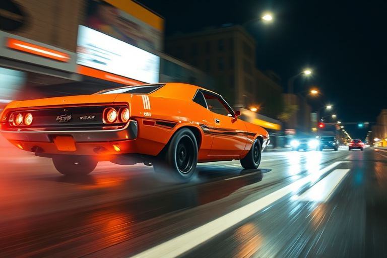 high-speed shot of an orange muscle car drifting on a wet street at night, with motion blur to emphasize speed, shot on a DSLR camera with a 24-70mm lens at f/2.8, shutter speed 1/500s, ISO 100, from a low angle perspective for dramatic effect