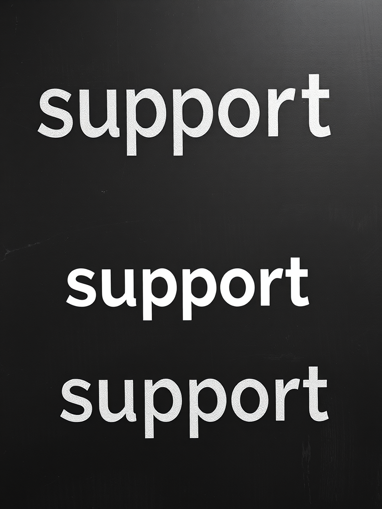 create a monochrome typography image of the word "support" in various fonts and sizes on a chalkboard background, using a Canon EOS R5 with a 50mm lens, aperture f/2.8, shutter speed 1/125 sec, ISO 200, high resolution, top-down view, studio lighting