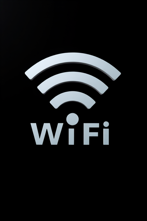 Create a high-resolution image of a stylized WiFi symbol with the text "Wi Fi" in bold, modern typography against a smooth black background, using a DSLR camera with a 50mm lens, aperture set to f/1.8, ISO 100, and a low angle shot to emphasize the symbol's prominence.