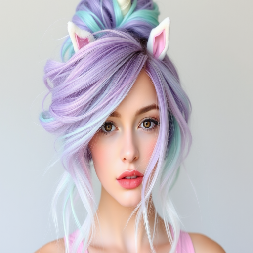 Ethereal pastel rainbow unicorn hair styled in a high messy bun, Whimsical Dreamscape look, blending soft hues of lavender, mint, baby blue, and pale pink in a swirling pattern with wispy tendrils framing the face